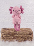 Handmade axolotl crochet plushie shown from the front