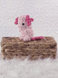 Handmade axolotl crochet plushie shown from the front