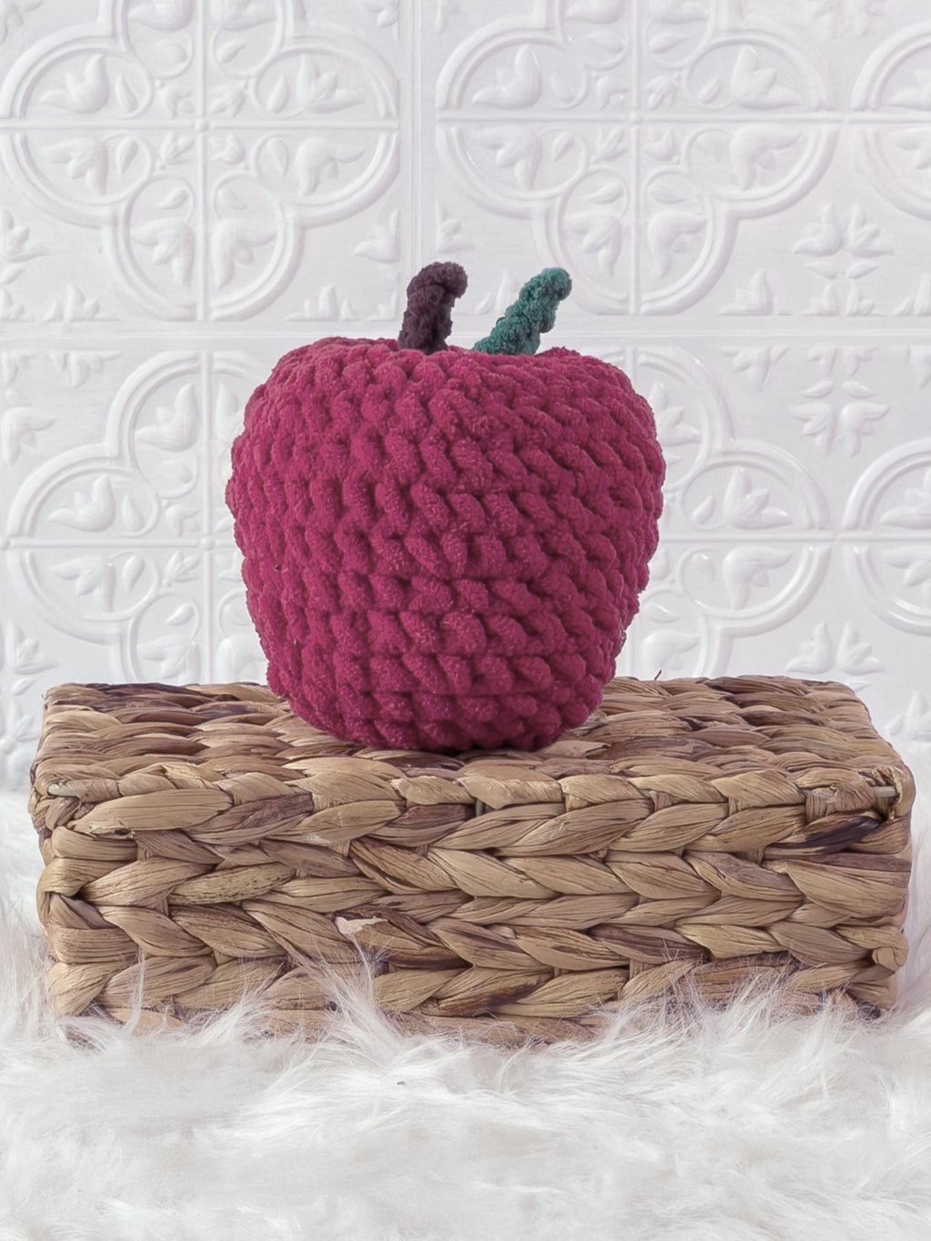 Handmade apple crochet plushie with a soft rounded food-inspired design
