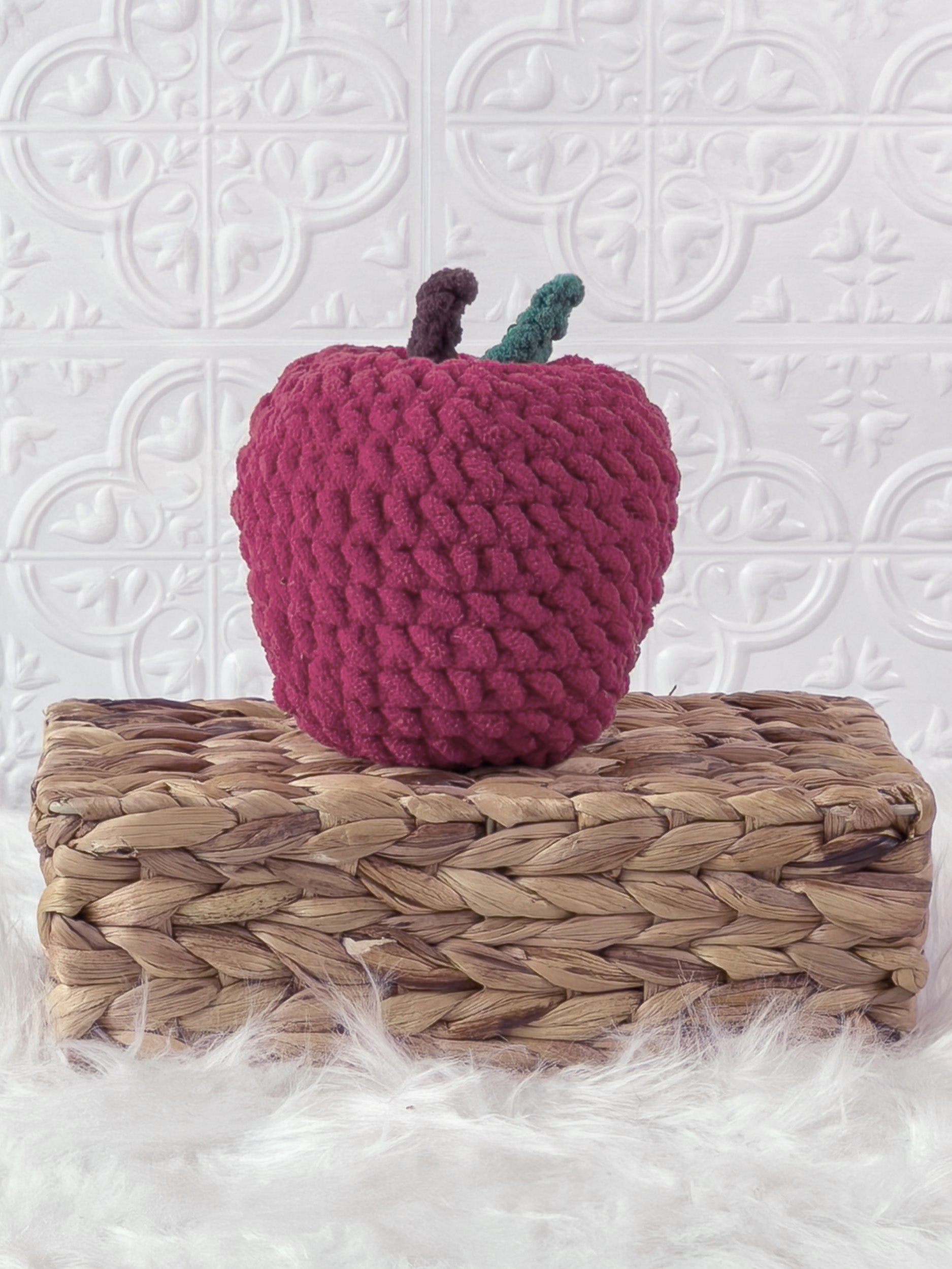 Handmade apple crochet plushie with a soft rounded food-inspired design