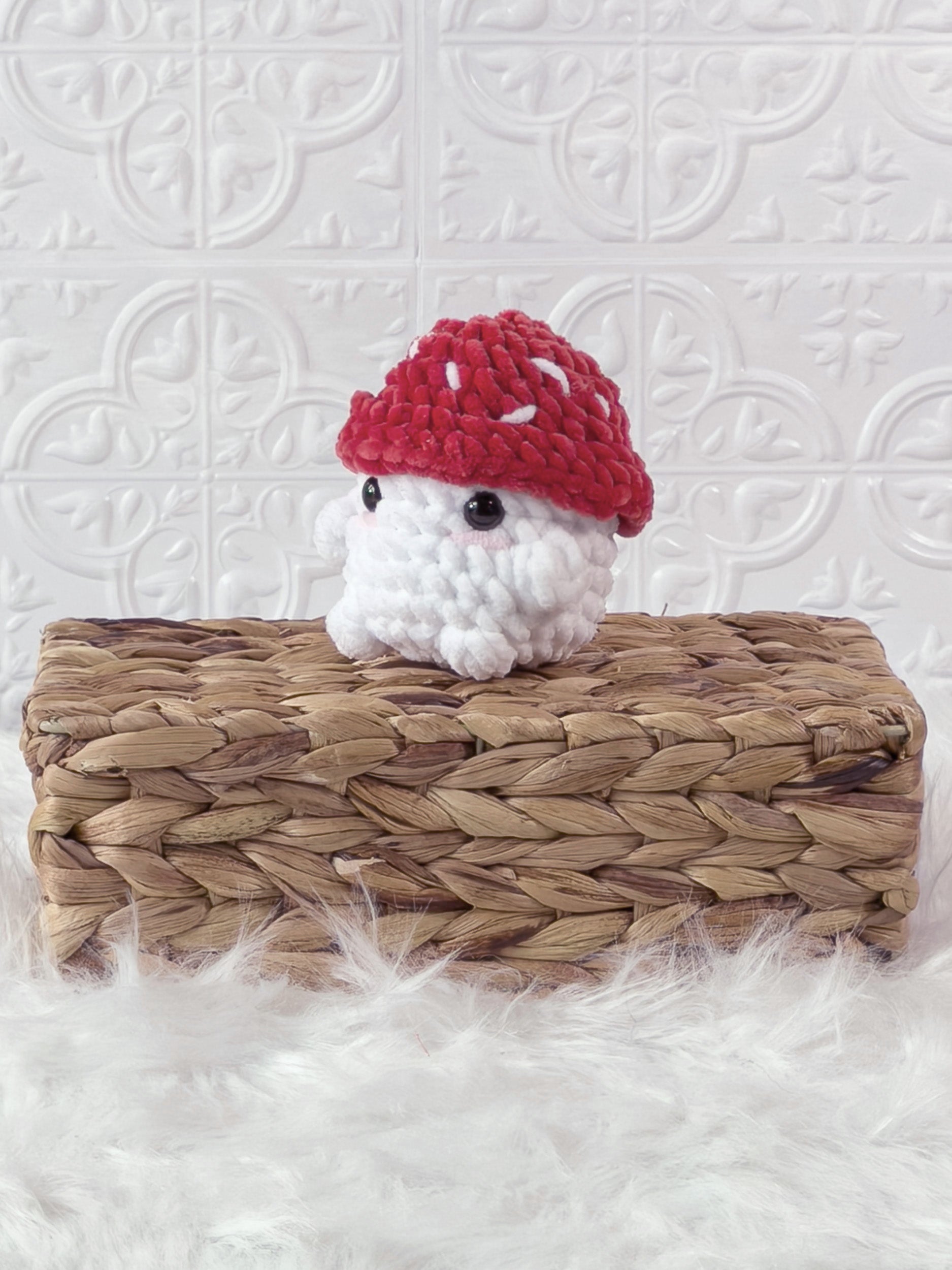 Handmade chonky mushroom crochet plushie with a rounded woodland-inspired shape