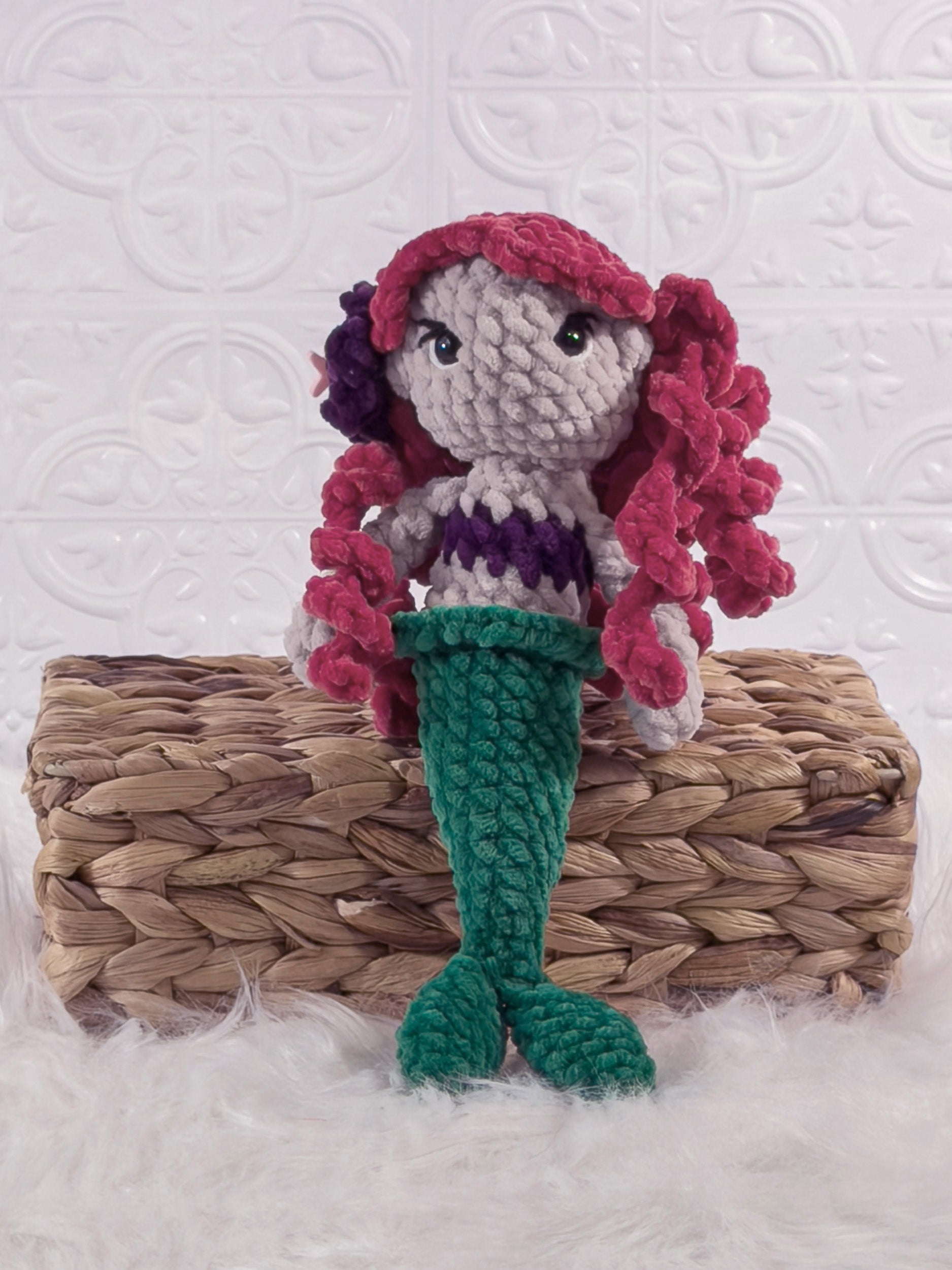 Handmade red mermaid crochet plushie shown from the front