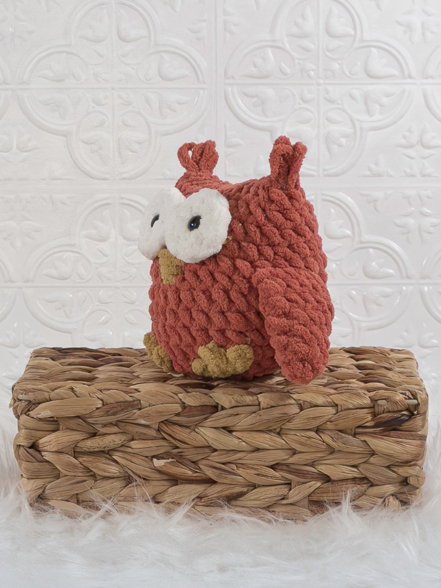 Handmade owl crochet plushie shown from the front