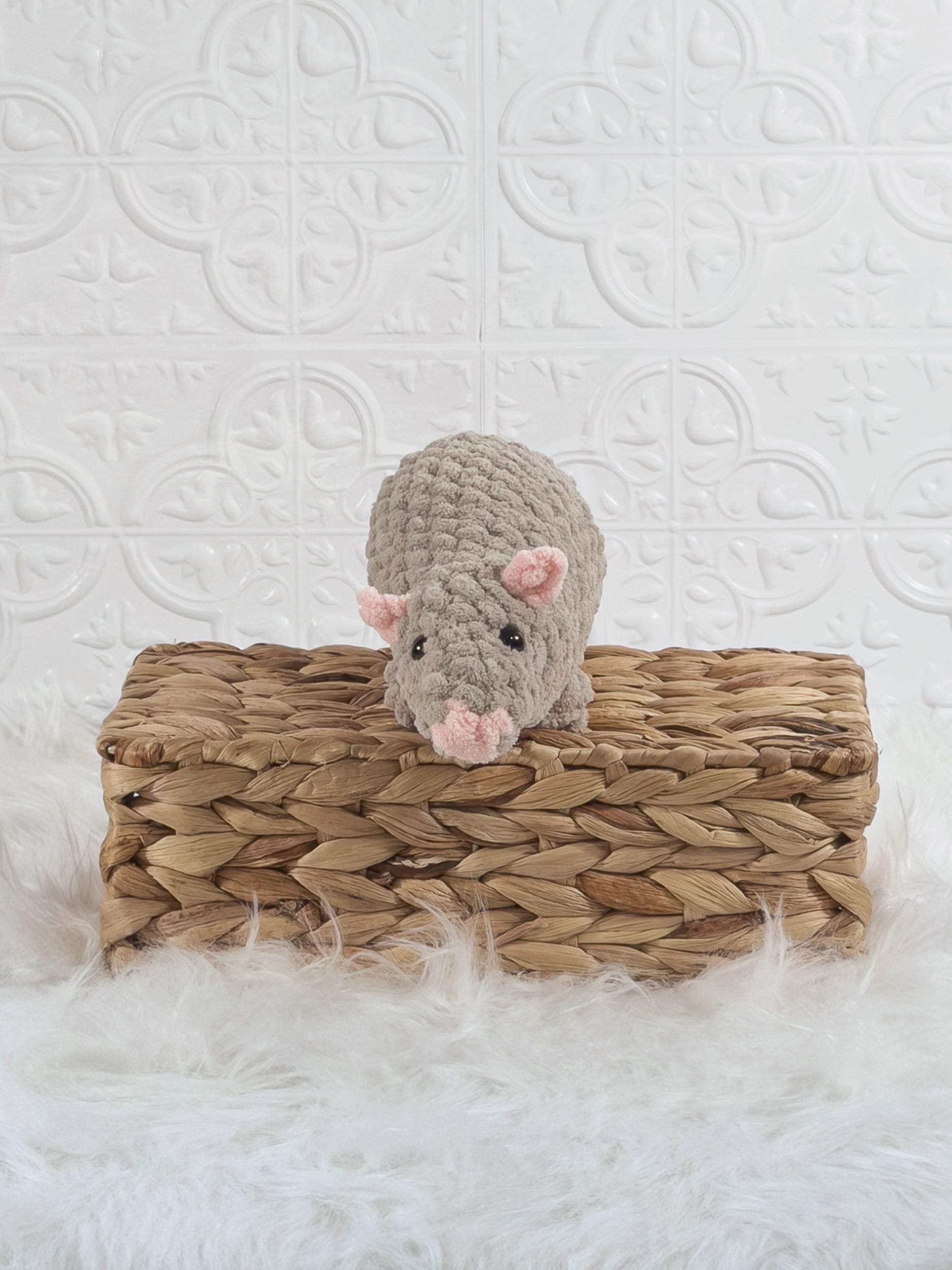 Handmade taupe rat crochet plushie shown from the front