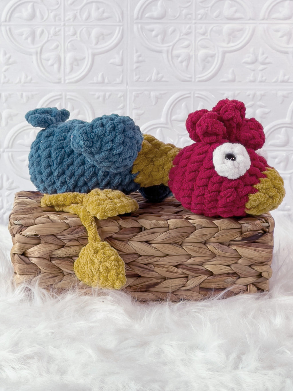 Handmade turquoise silly rooster crochet plushie shown from the side