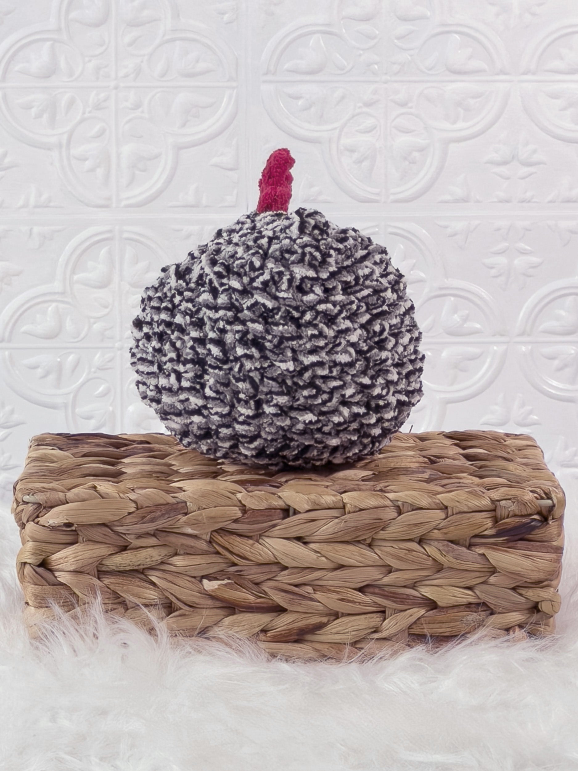 Handmade tweed, black chicken crochet plushie shown from the back