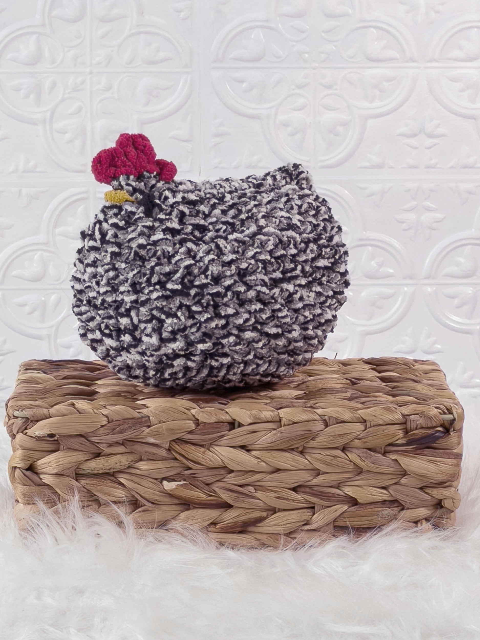 Handmade chicken crochet plushie shown from the front