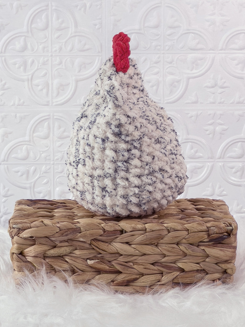 Handmade tweed, cream chicken crochet plushie shown from the back
