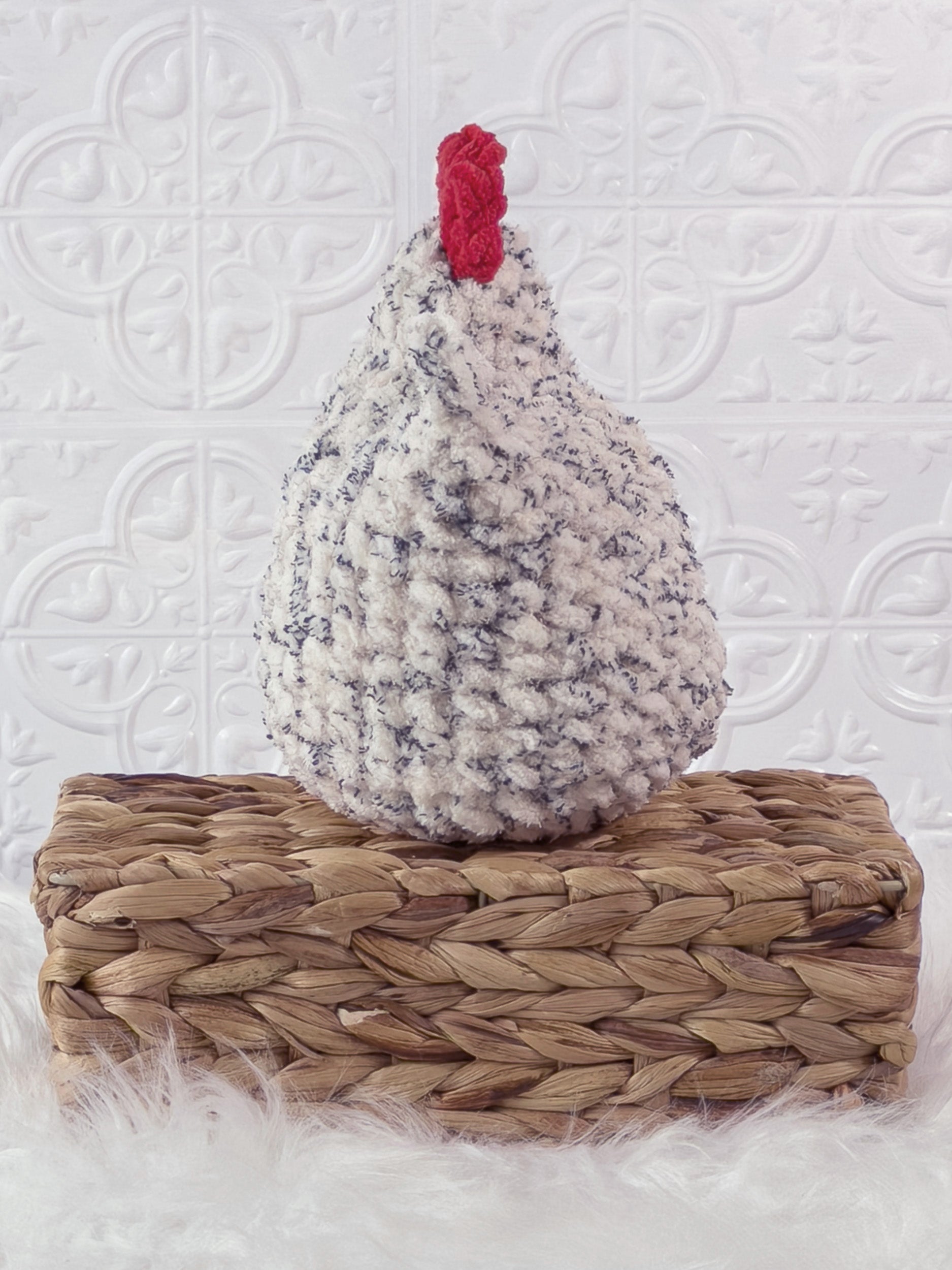 Handmade tweed, cream chicken crochet plushie shown from the back