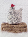 Handmade chicken crochet plushie shown from the front