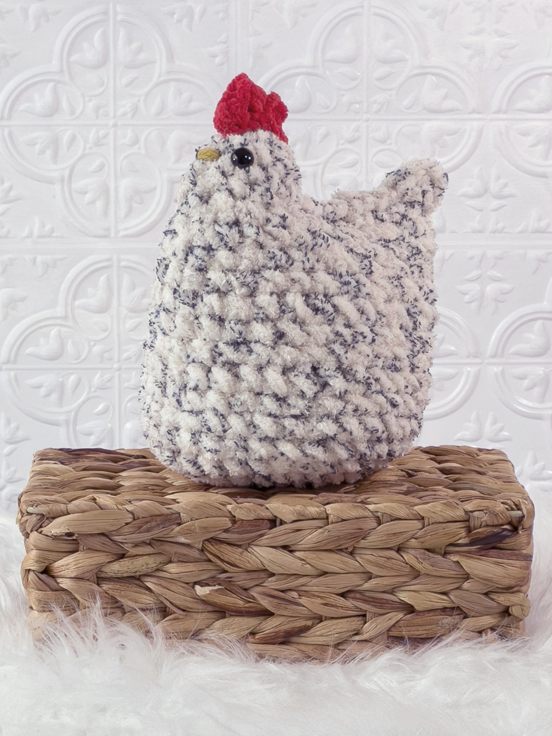 Handmade chicken crochet plushie shown from the front