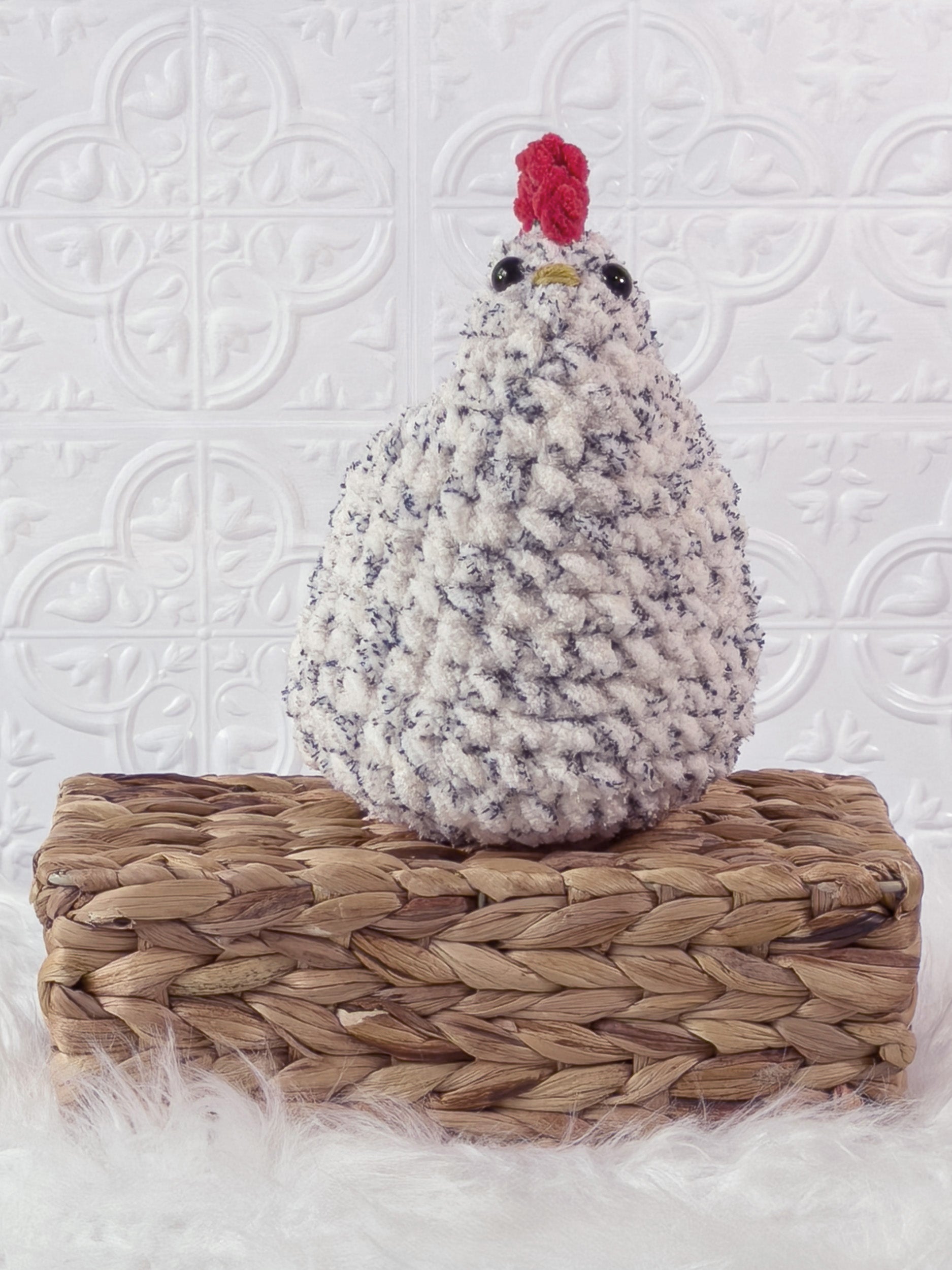Handmade tweed, cream chicken crochet plushie shown from the front