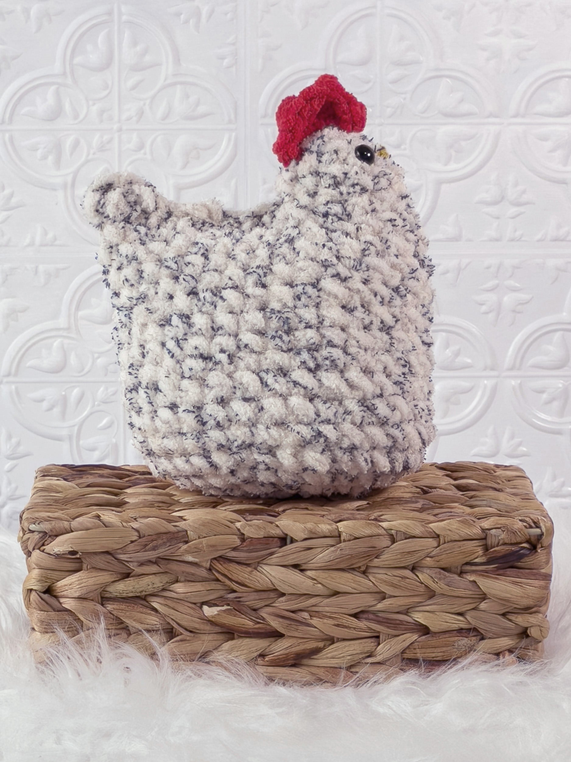Handmade tweed, cream chicken crochet plushie shown from the side