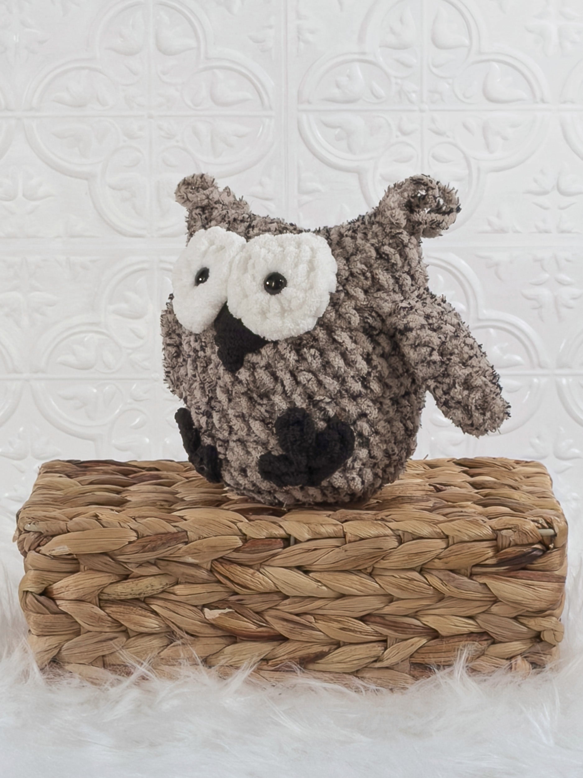Handmade owl crochet plushie shown from the front