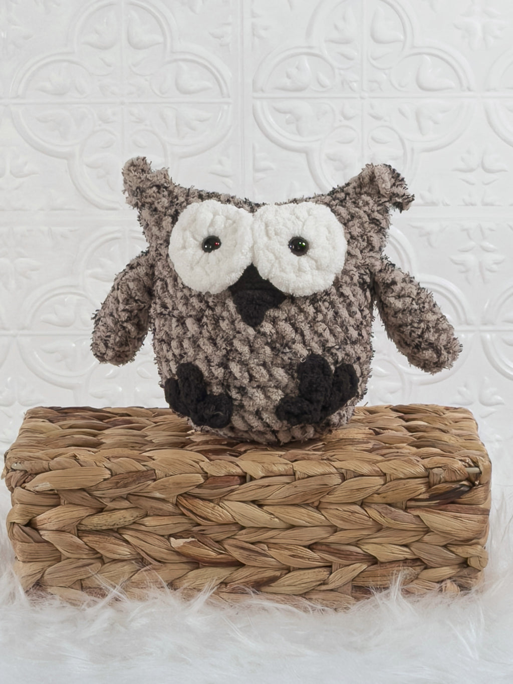 Handmade tweed owl crochet plushie shown from the front