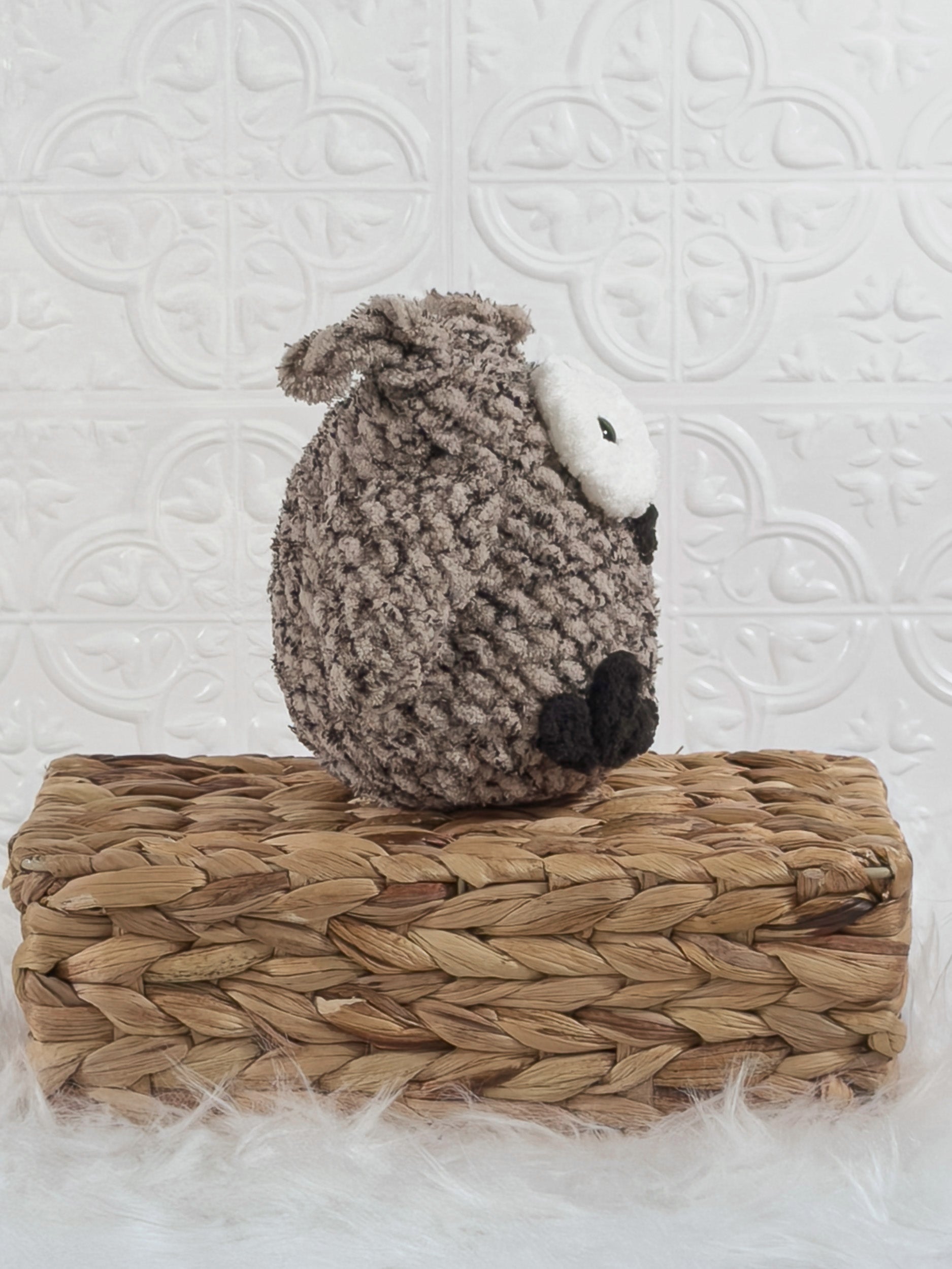 Handmade tweed owl crochet plushie shown from the side