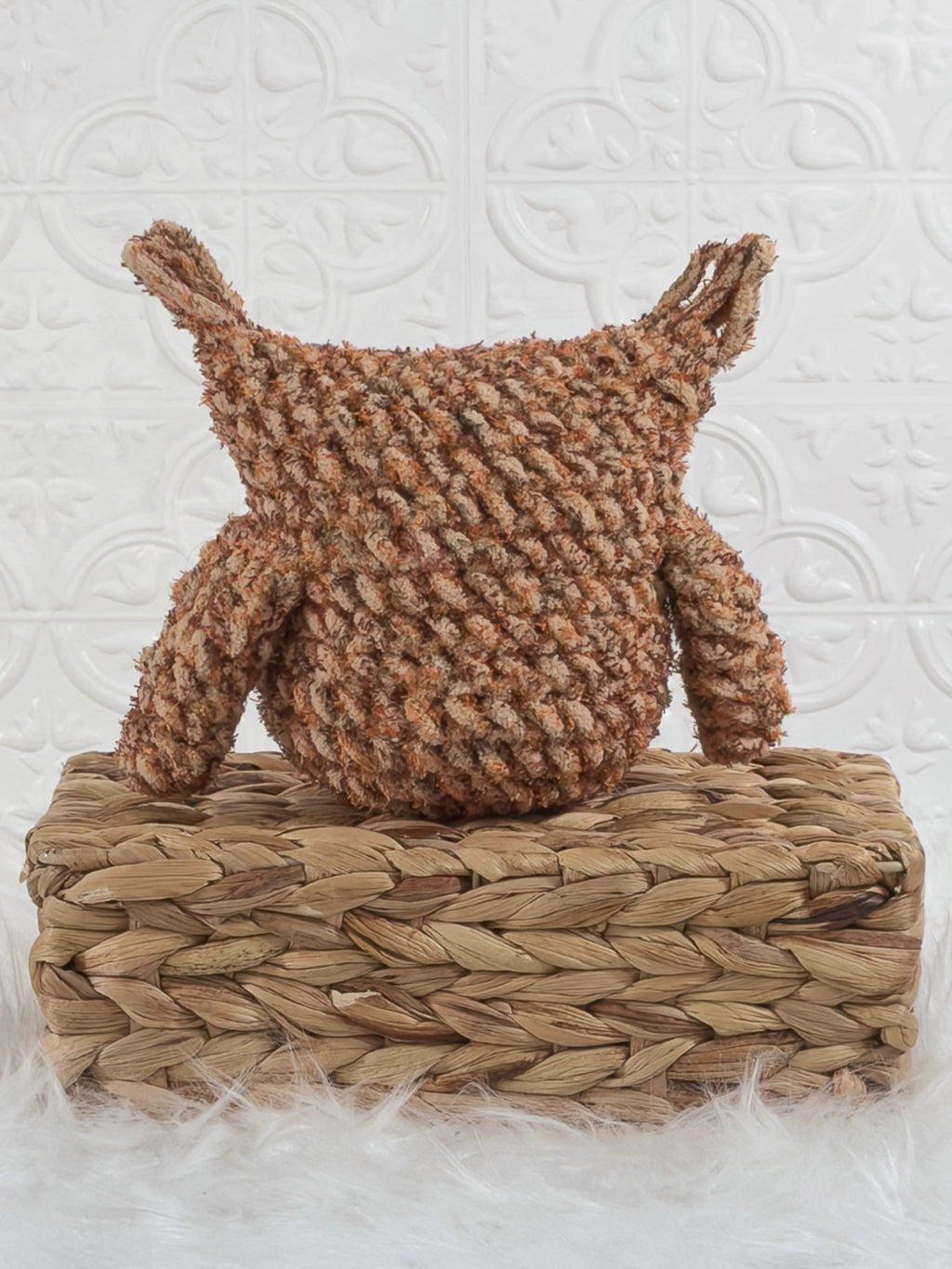 Handmade tweed owl crochet plushie shown from the back