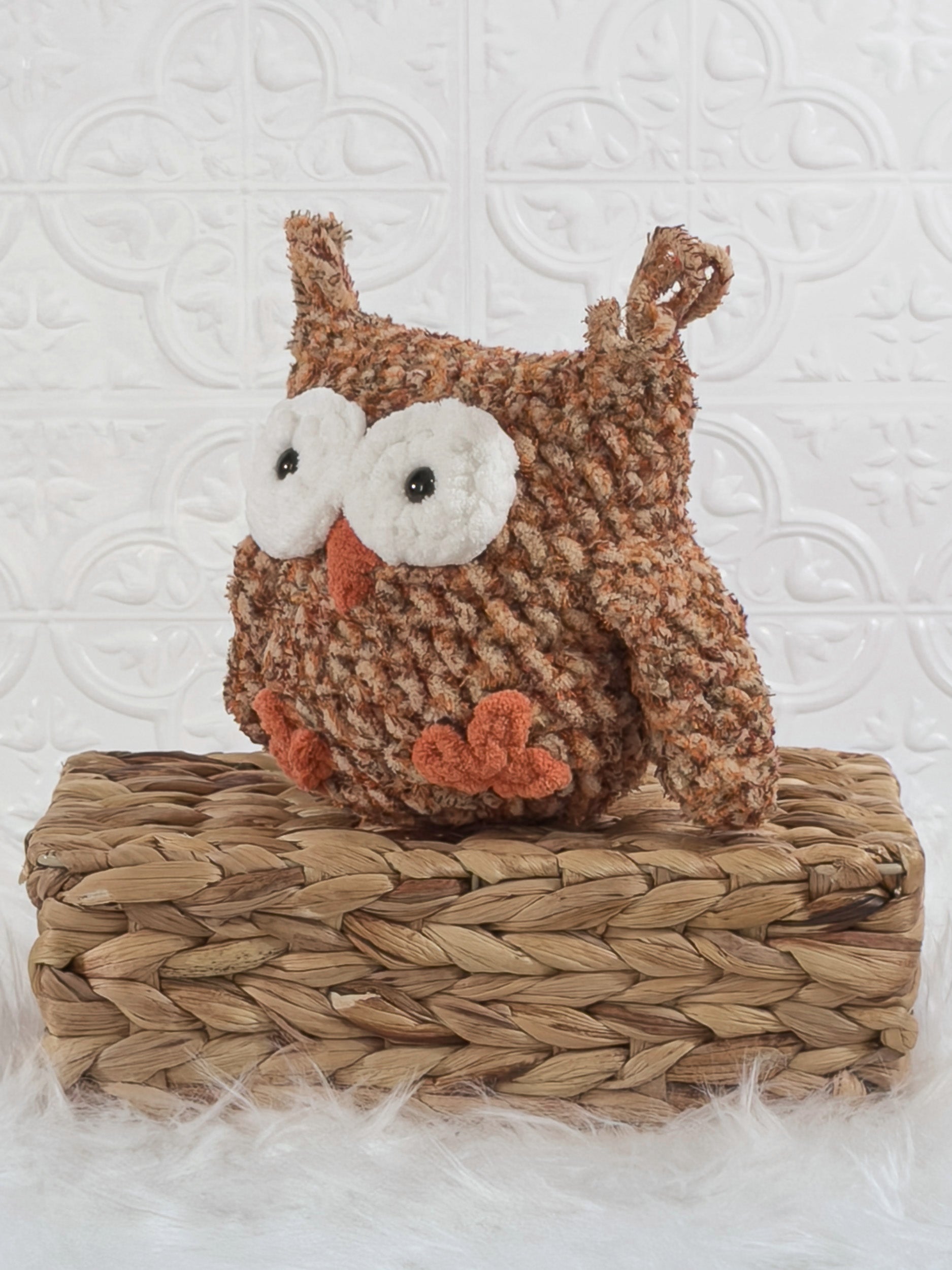 Handmade owl crochet plushie shown from the front