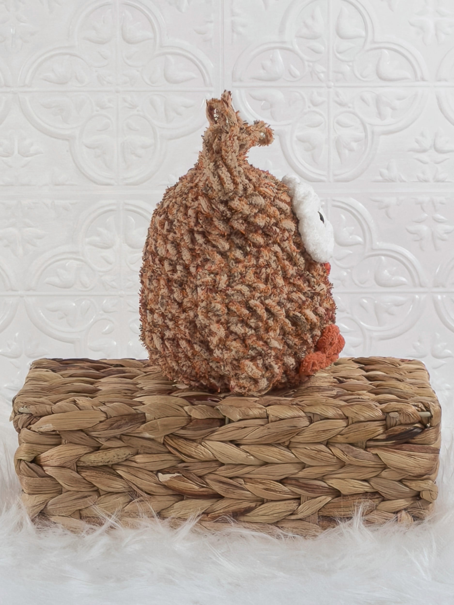 Handmade tweed owl crochet plushie shown from the side