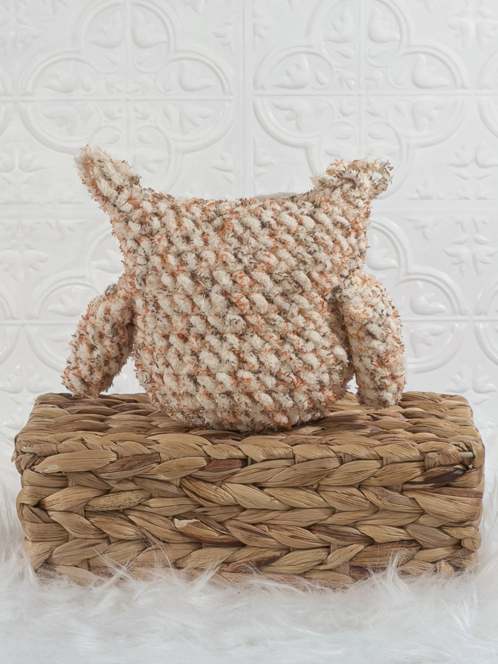 Handmade tweed owl crochet plushie shown from the back