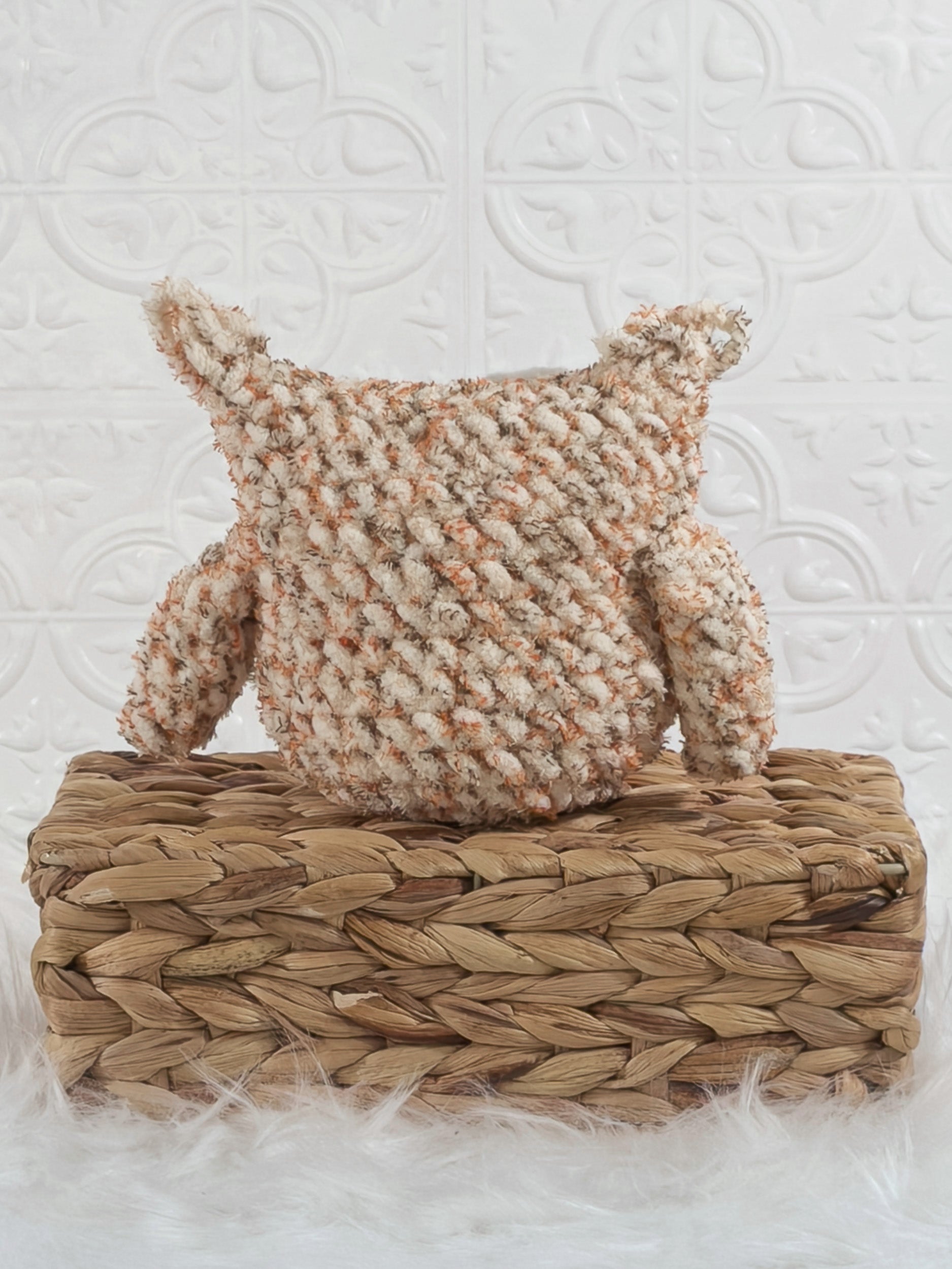 Handmade tweed owl crochet plushie shown from the back