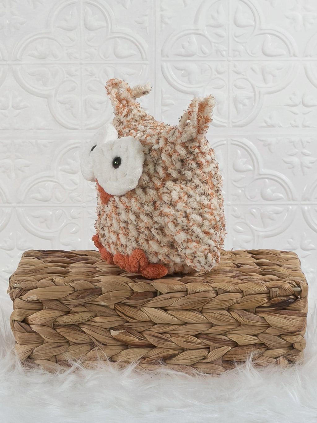 Handmade owl crochet plushie shown from the front