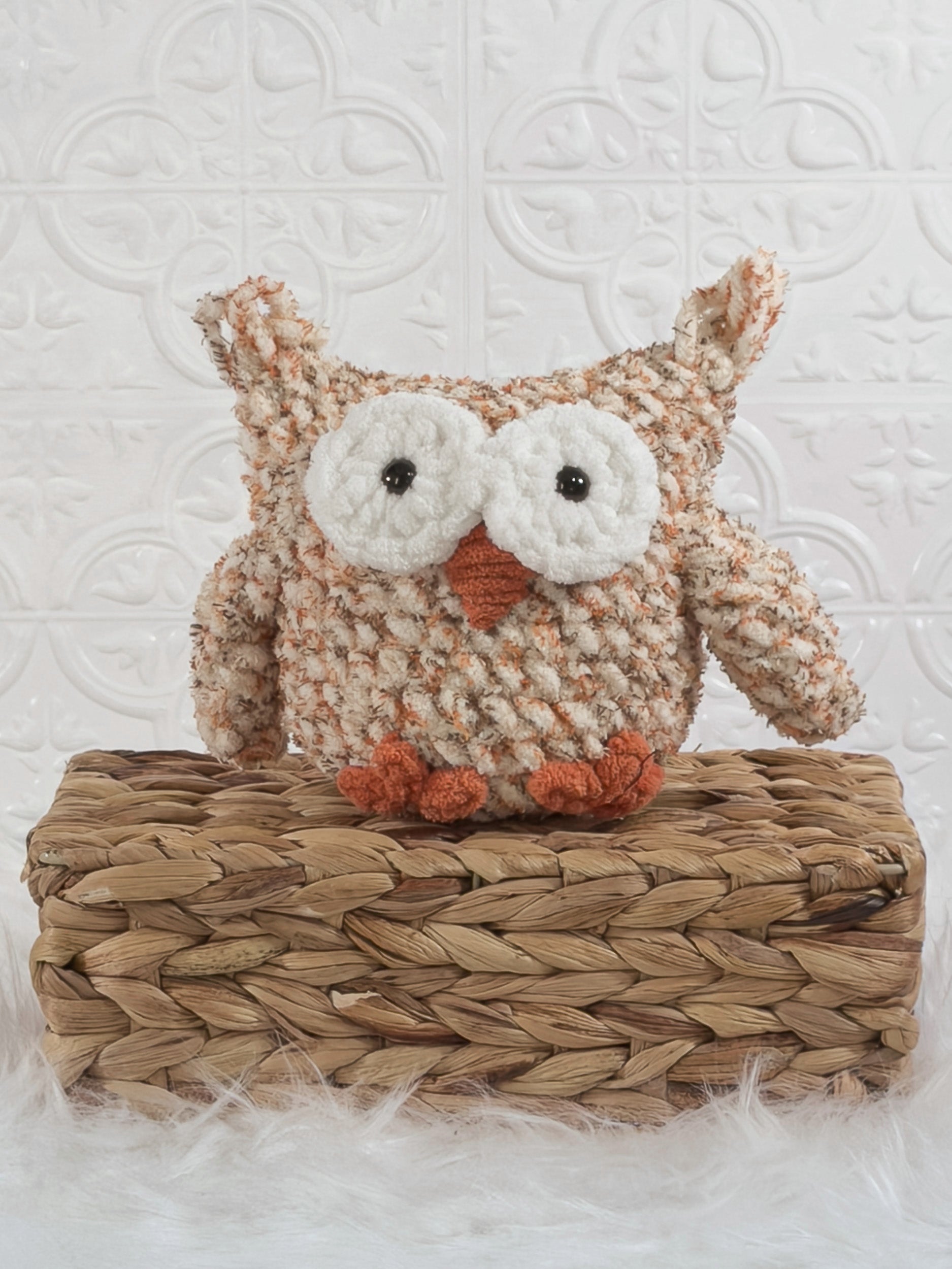 Handmade tweed owl crochet plushie shown from the front