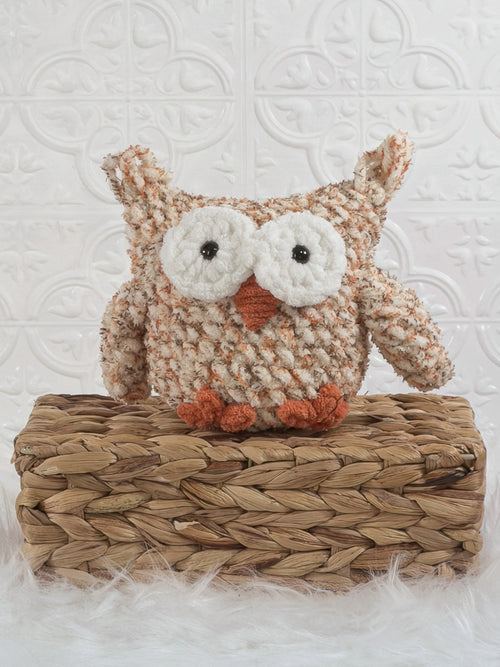 Handmade tweed owl crochet plushie shown from the front