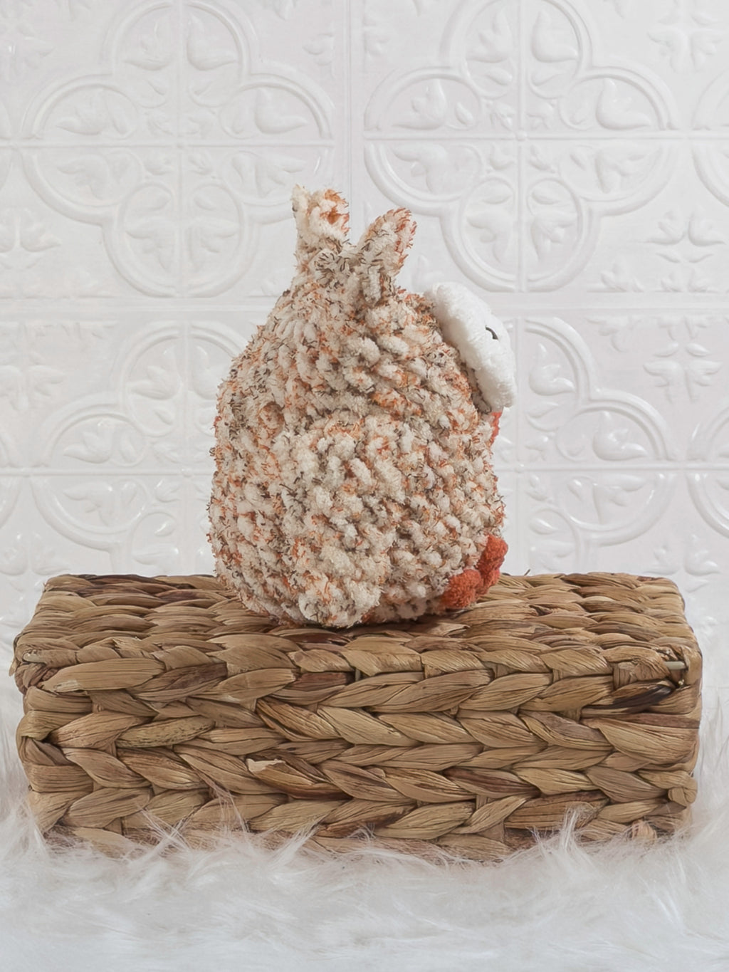 Handmade tweed owl crochet plushie shown from the side