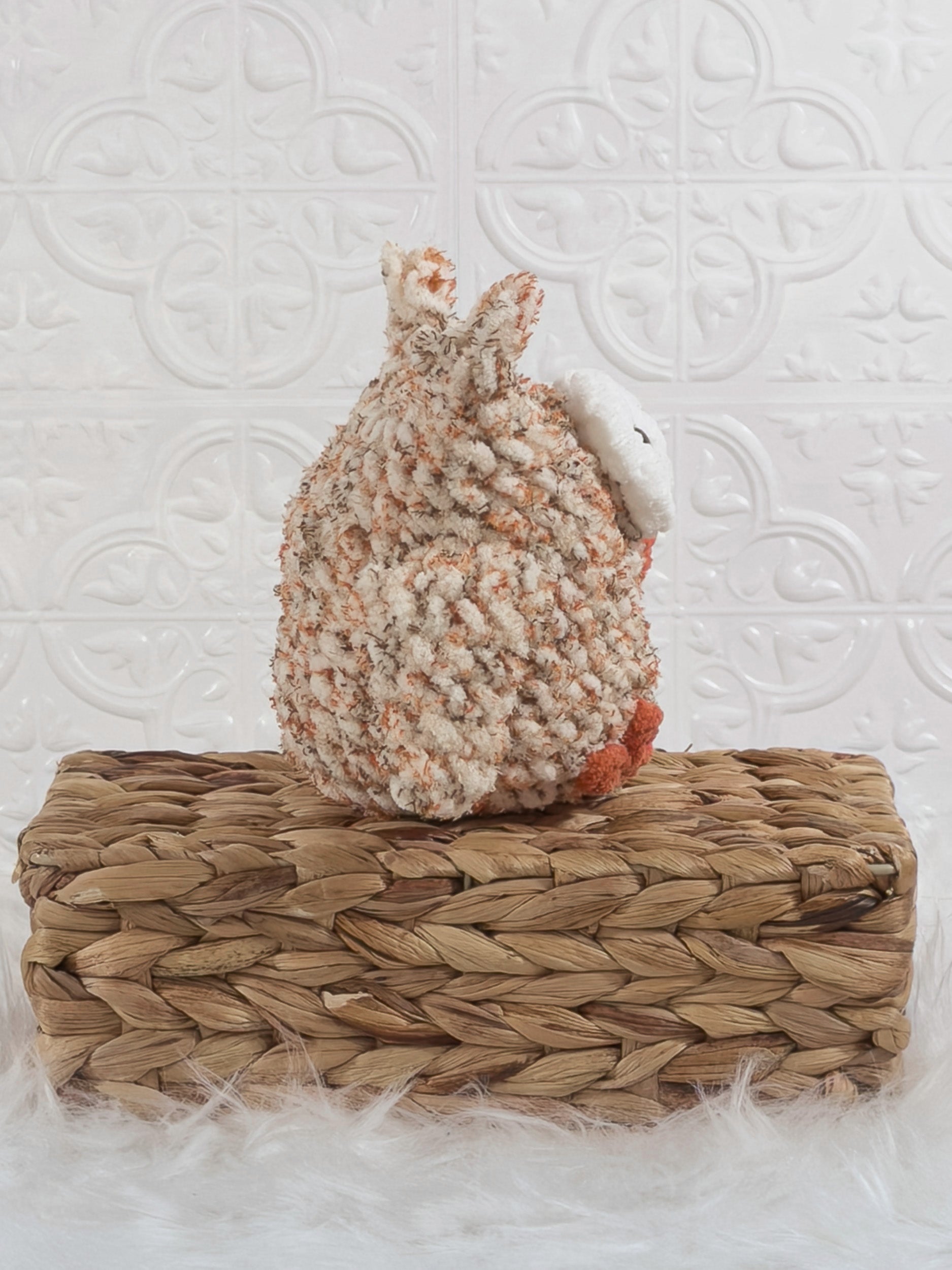 Handmade tweed owl crochet plushie shown from the side