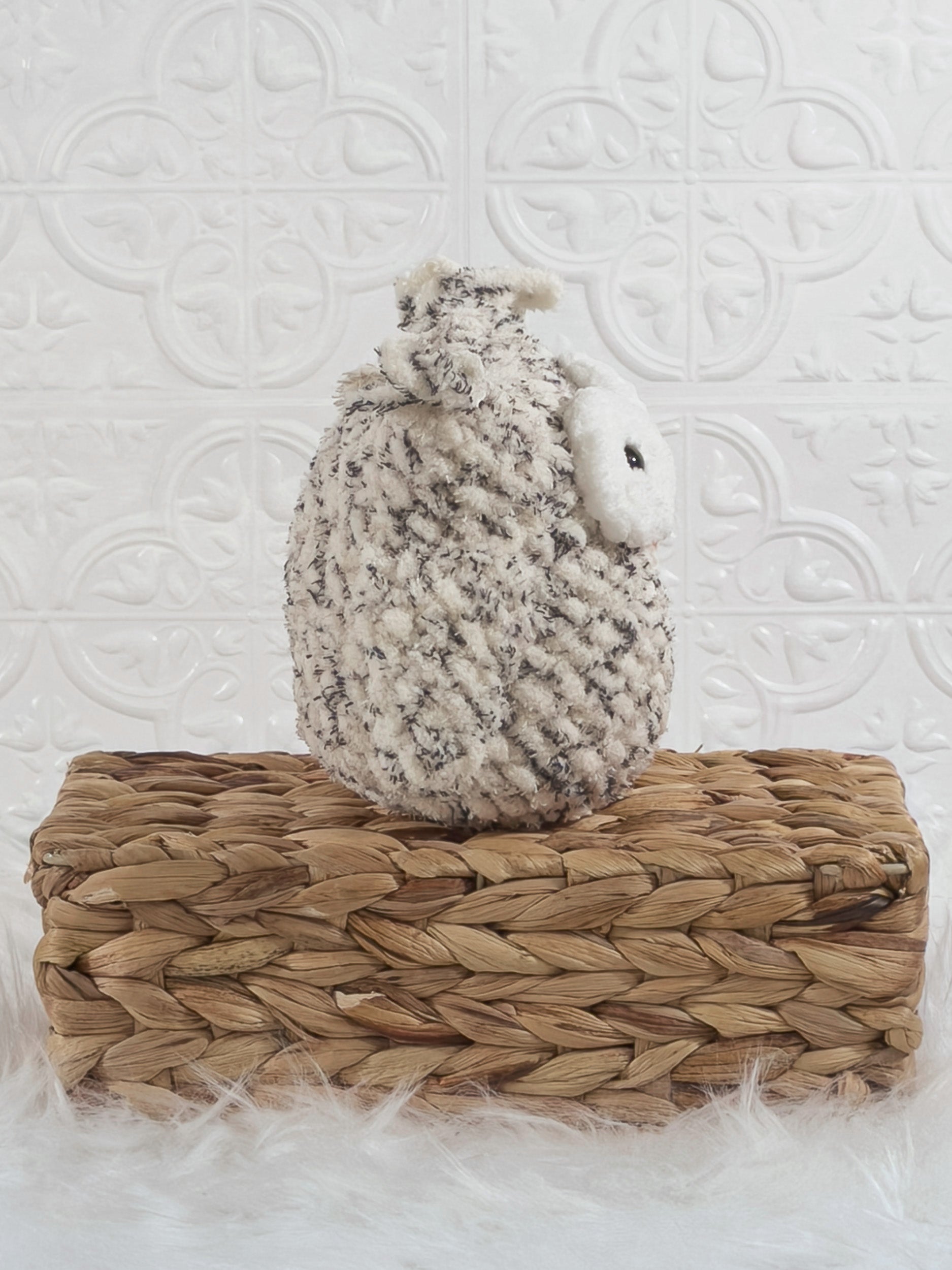 Handmade tweed owl crochet plushie shown from the side