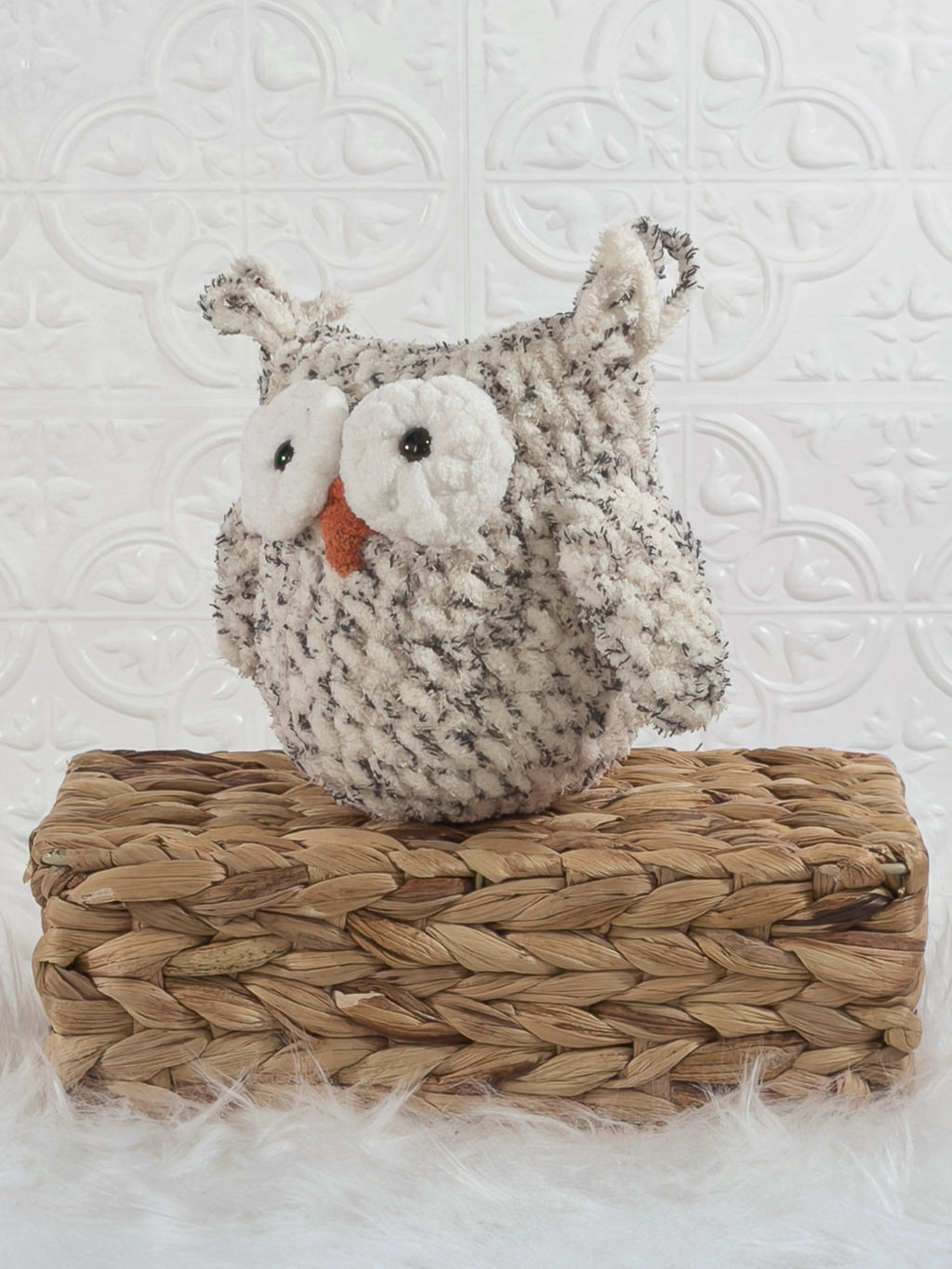Handmade owl crochet plushie shown from the front