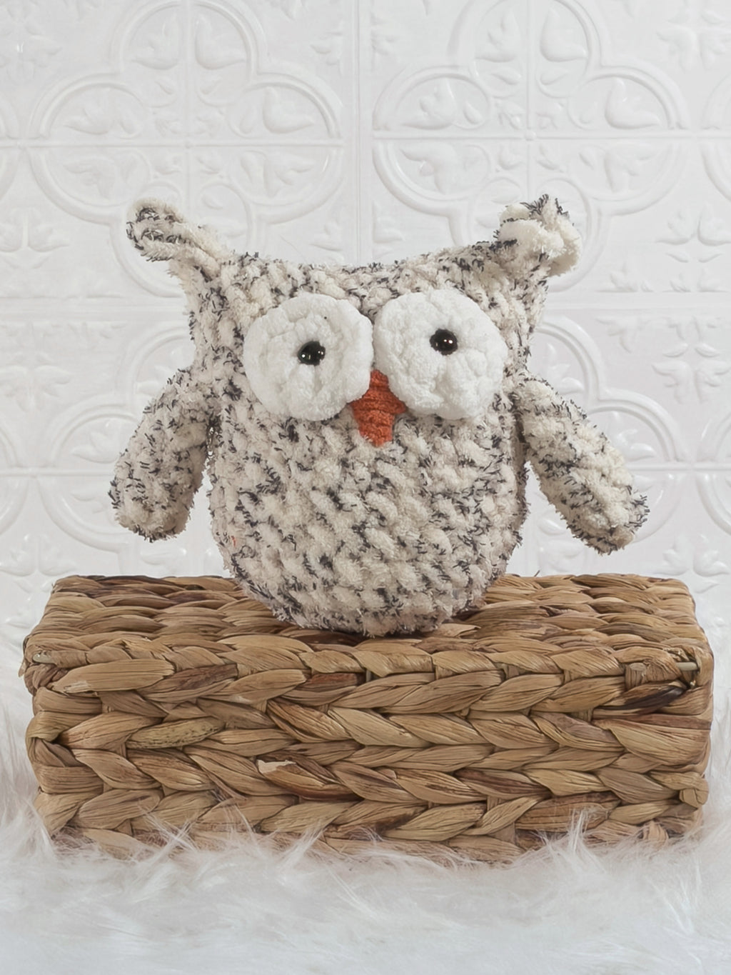 Handmade tweed owl crochet plushie shown from the front