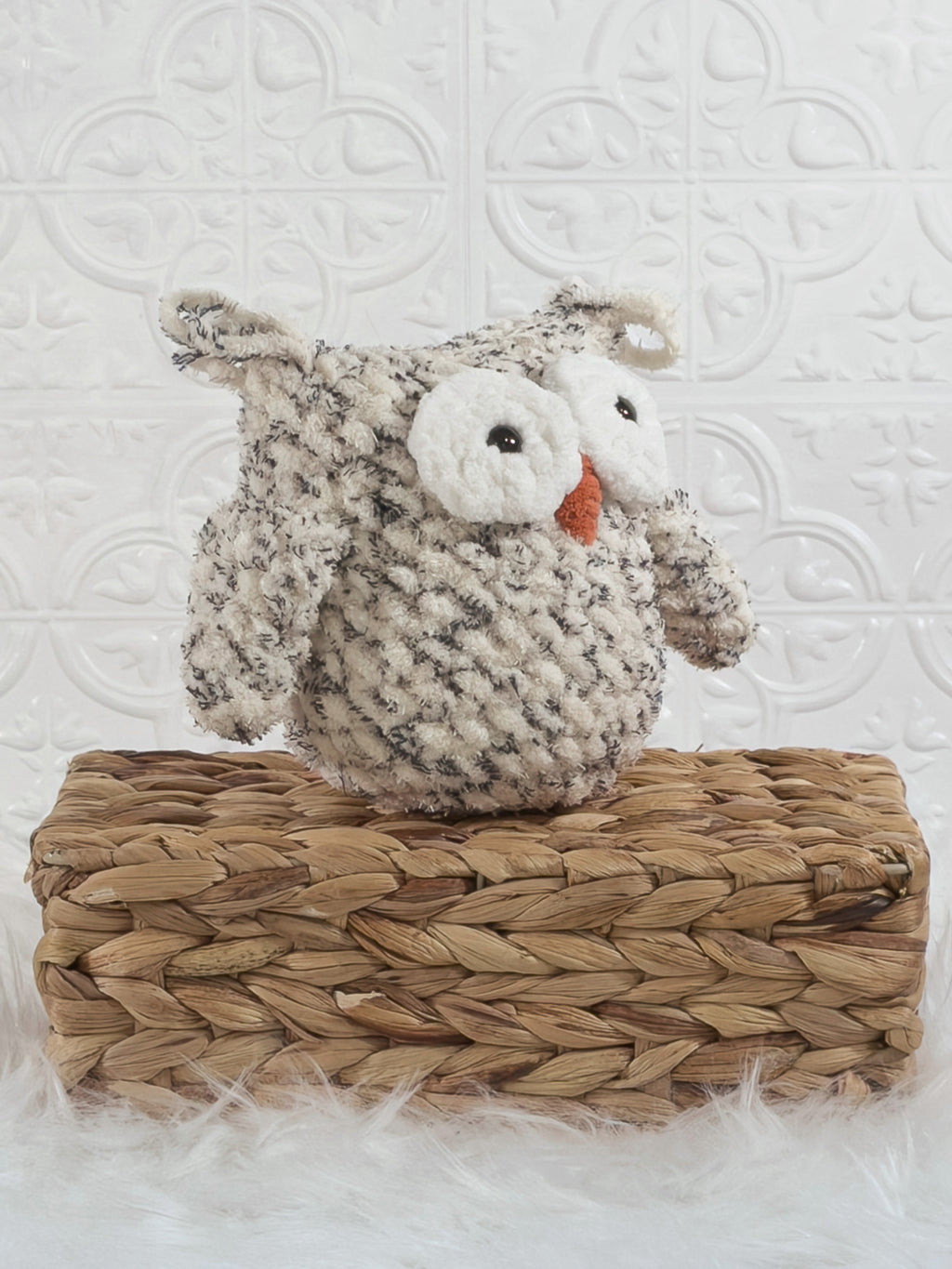 Handmade tweed owl crochet plushie shown from the side