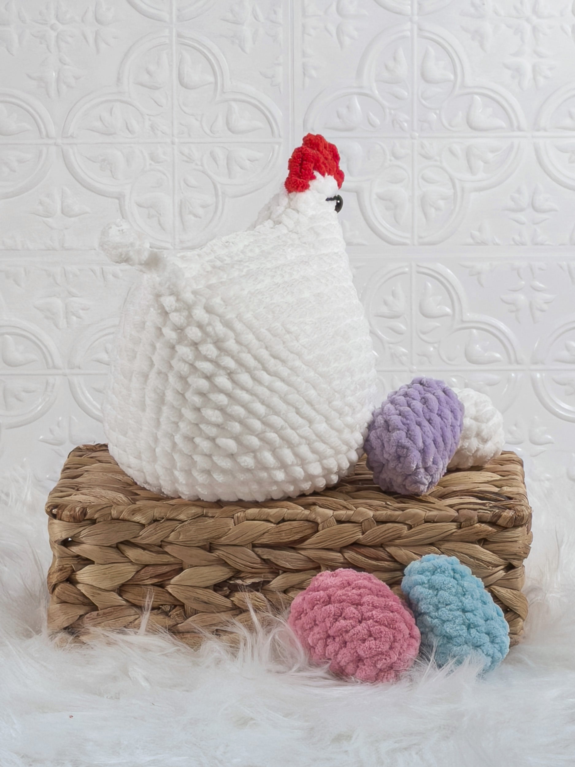 Handmade white hen with eggs crochet plushie shown from the back