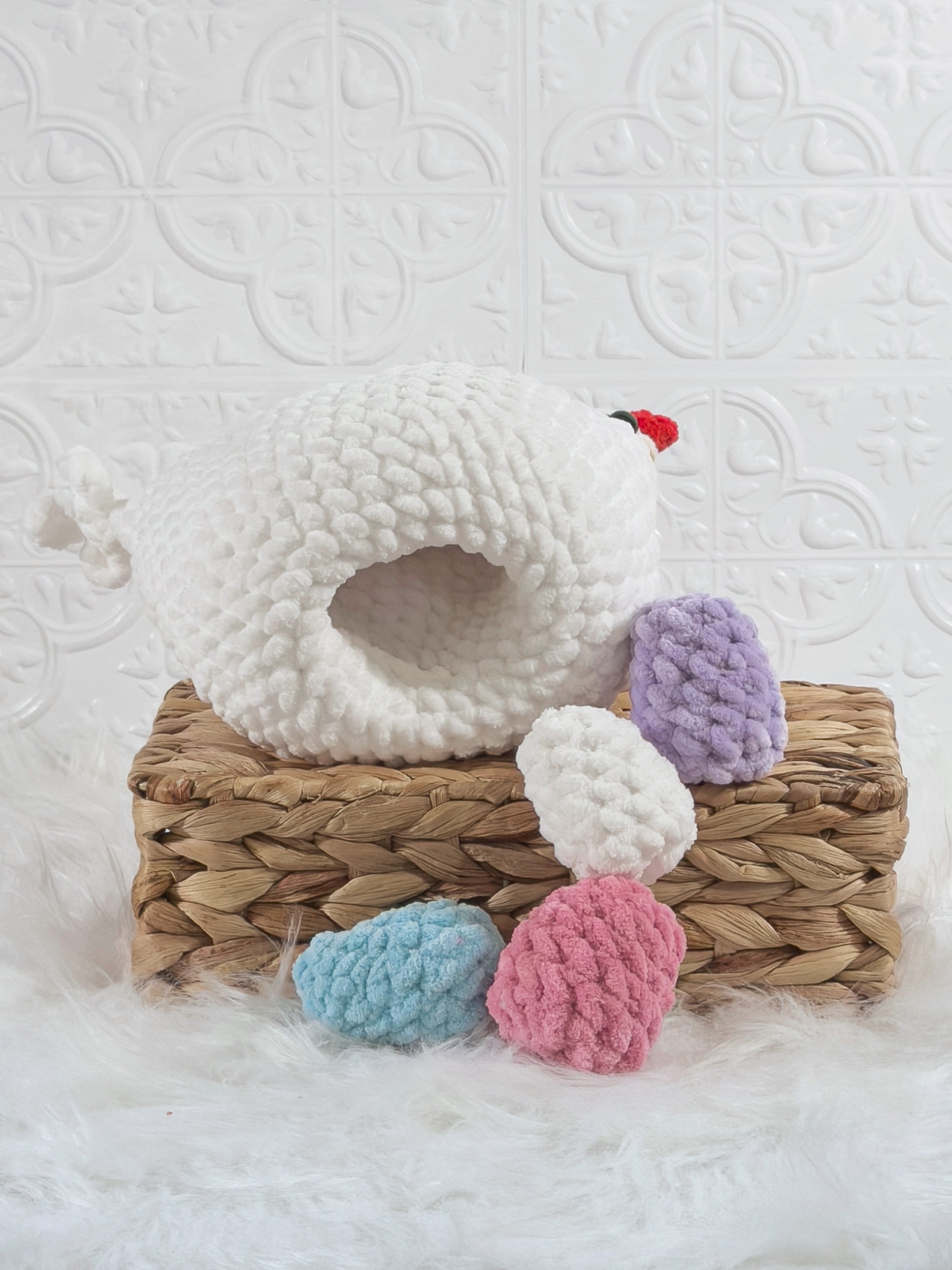 Handmade white hen with eggs crochet plushie shown in a product image