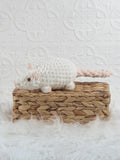 Handmade white rat crochet plushie with rounded ears and a long soft body
