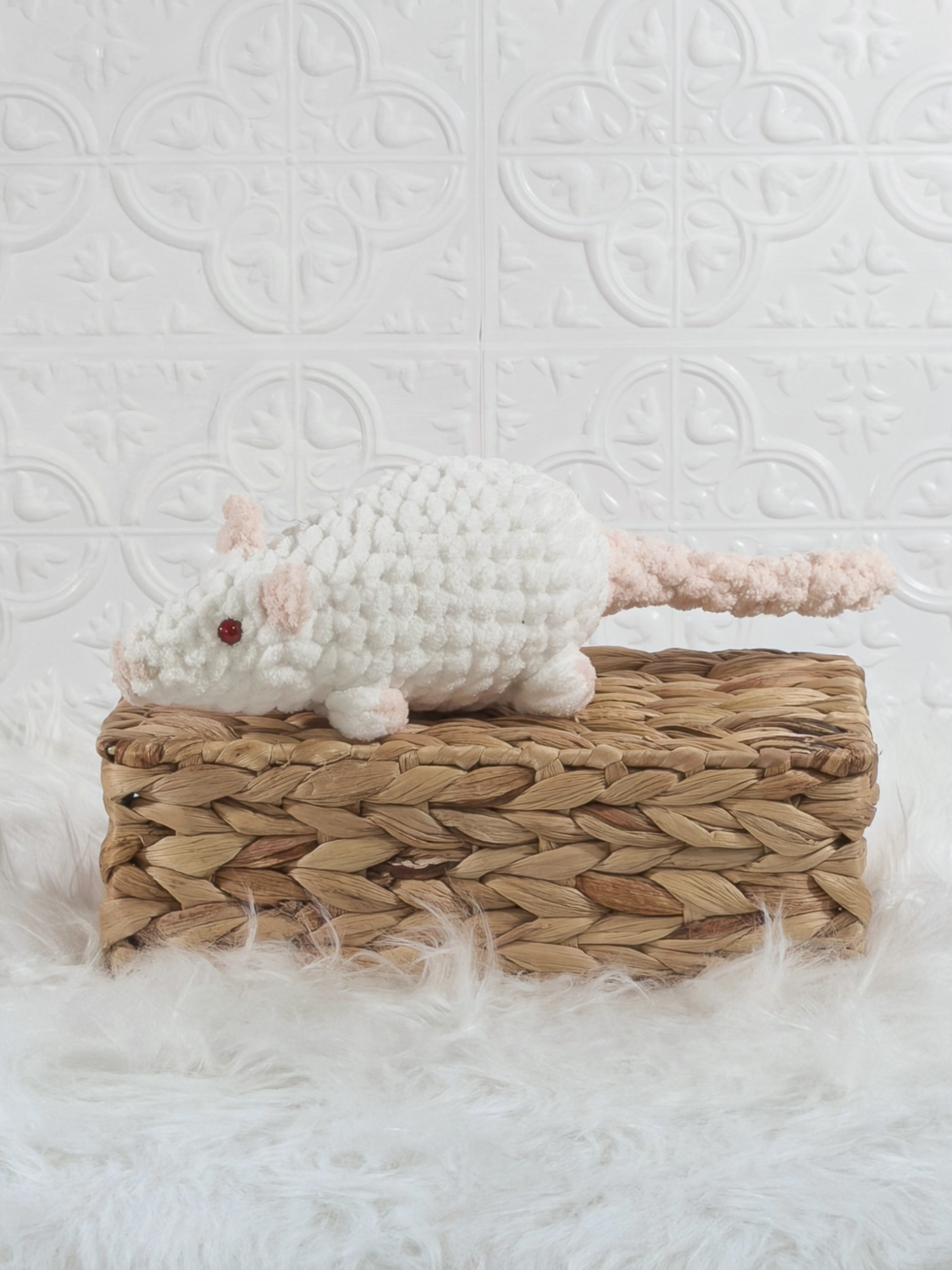 Handmade white rat crochet plushie with rounded ears and a long soft body