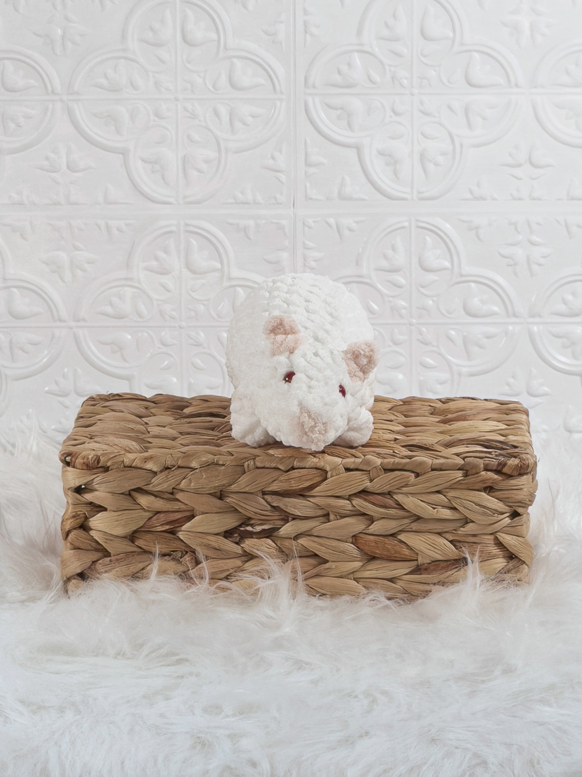 Handmade white rat crochet plushie shown from the front