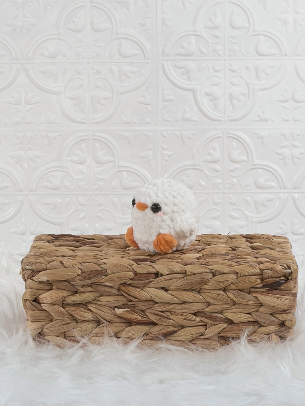 Handmade baby chick crochet plushie shown from the front