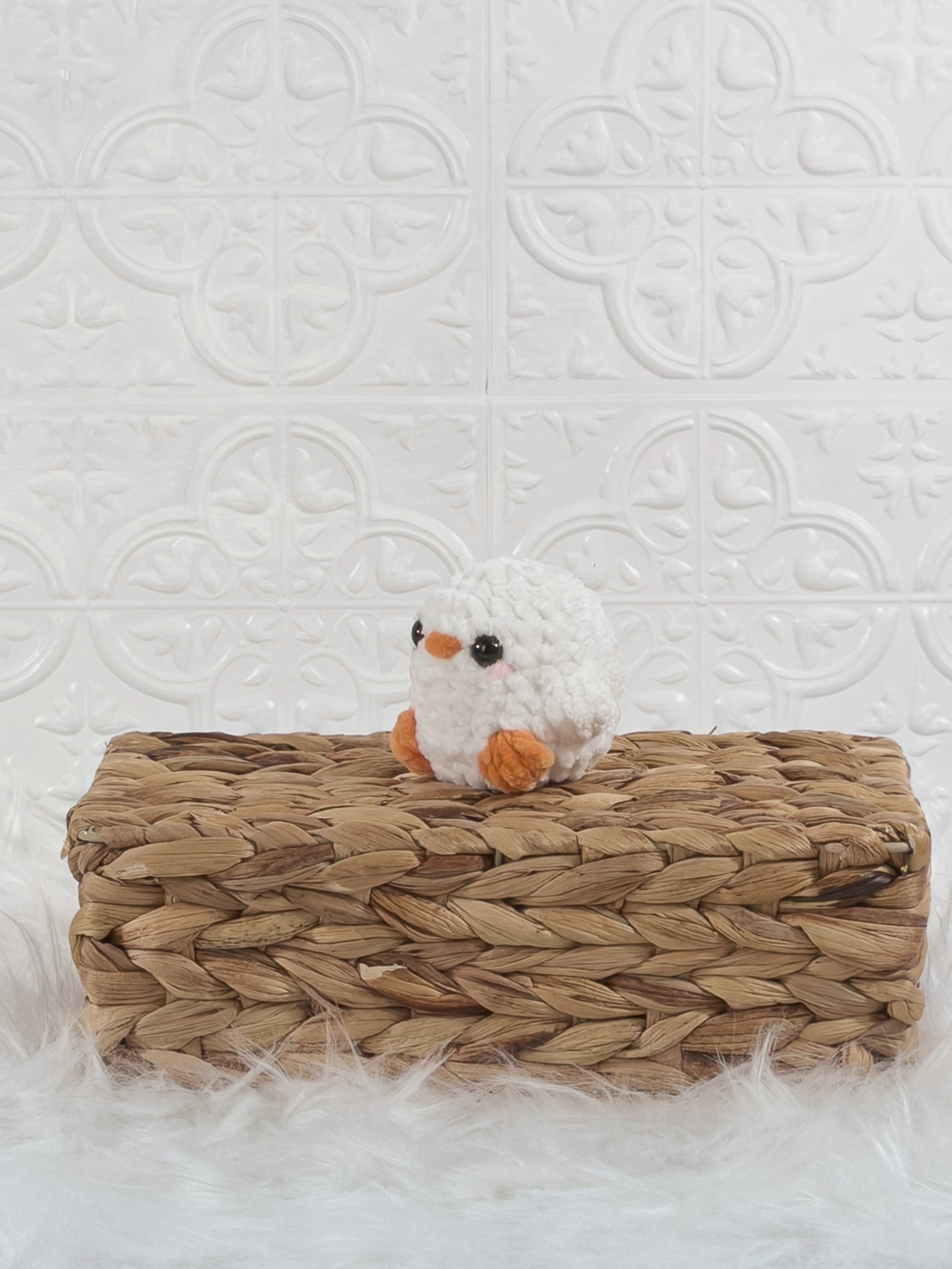 Handmade baby chick crochet plushie shown from the front
