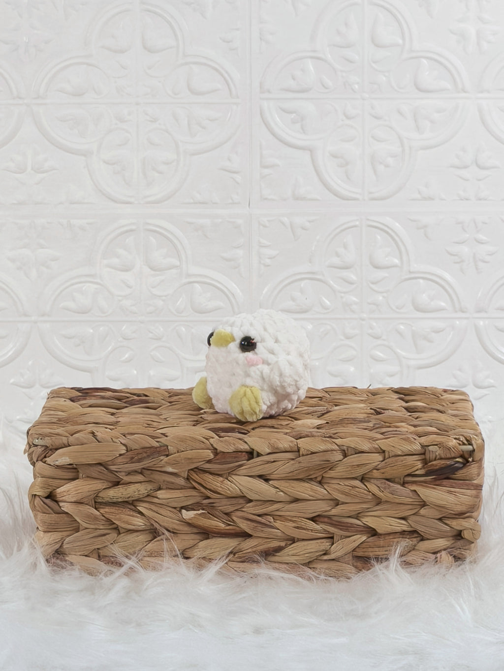 Handmade baby chick crochet plushie shown from the front