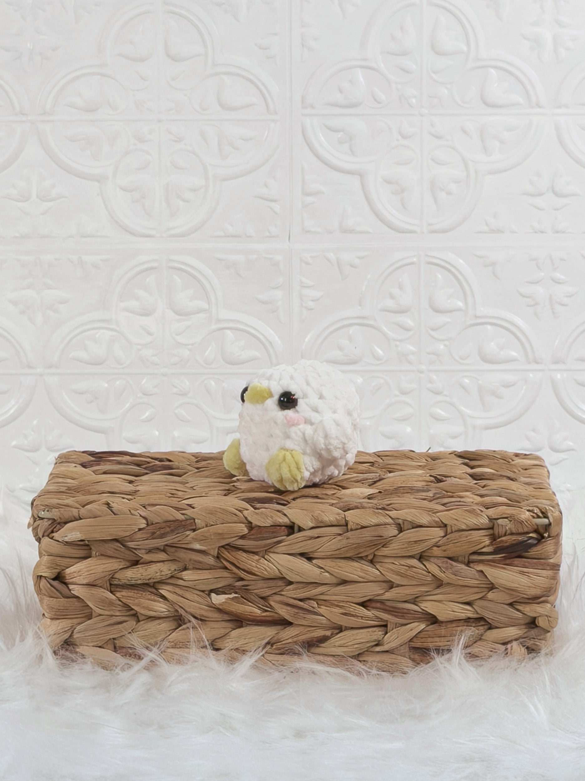 Handmade baby chick crochet plushie shown from the front