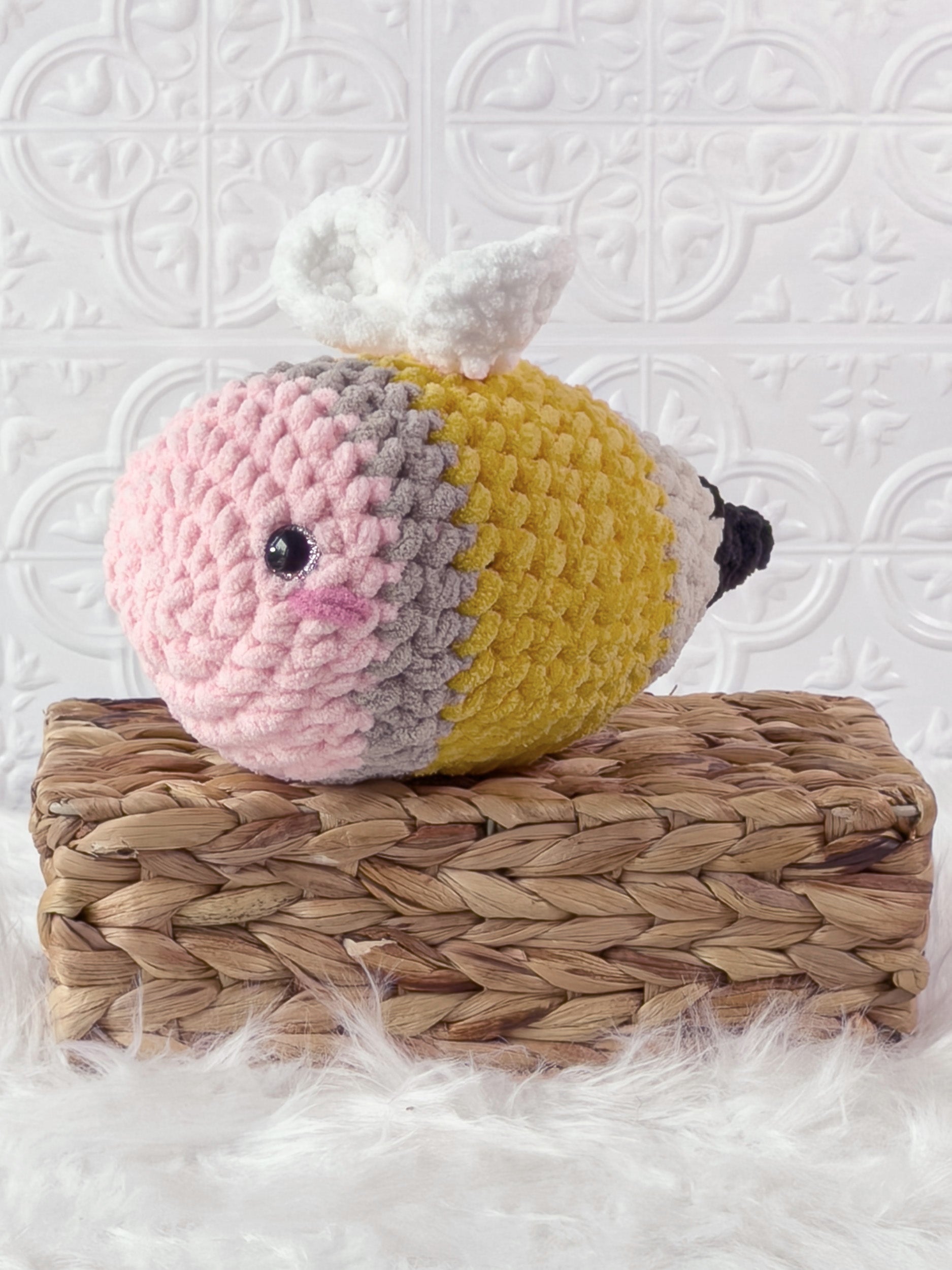 Handmade bee pencil crochet plushie with a playful school-inspired design