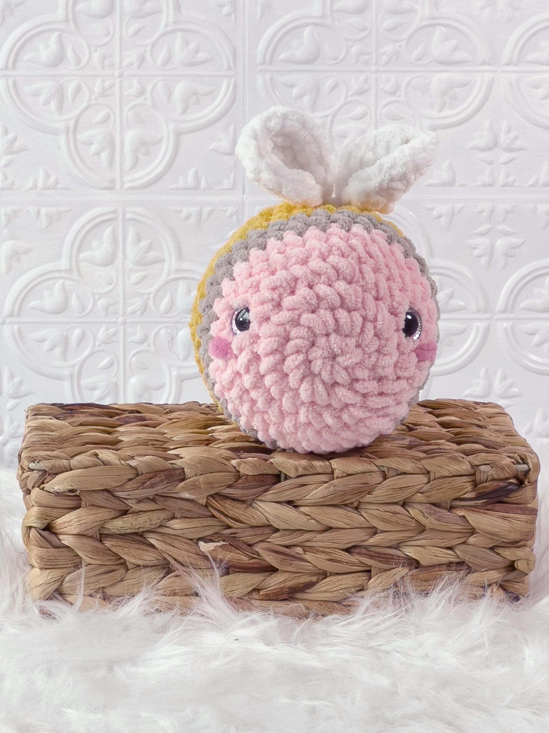 Handmade yellow bee pencil crochet plushie shown from the front
